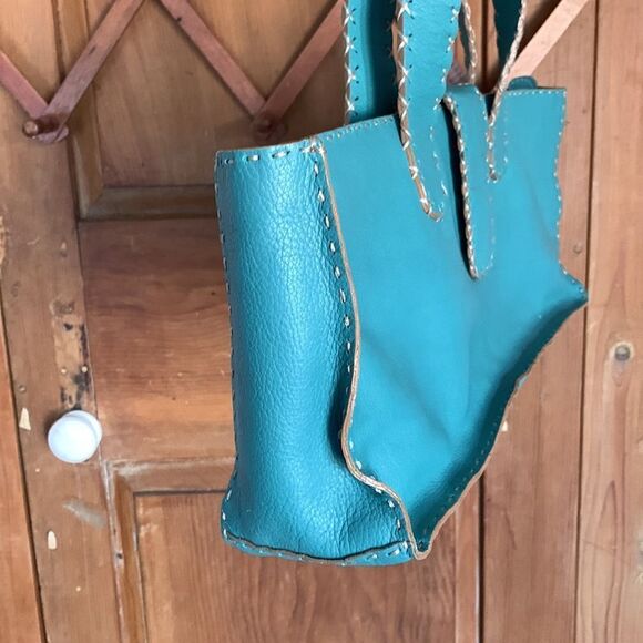 RD2 Randal Dodge aqua teal leather cross stitch trim shoulder bag - Picture 4 of 9